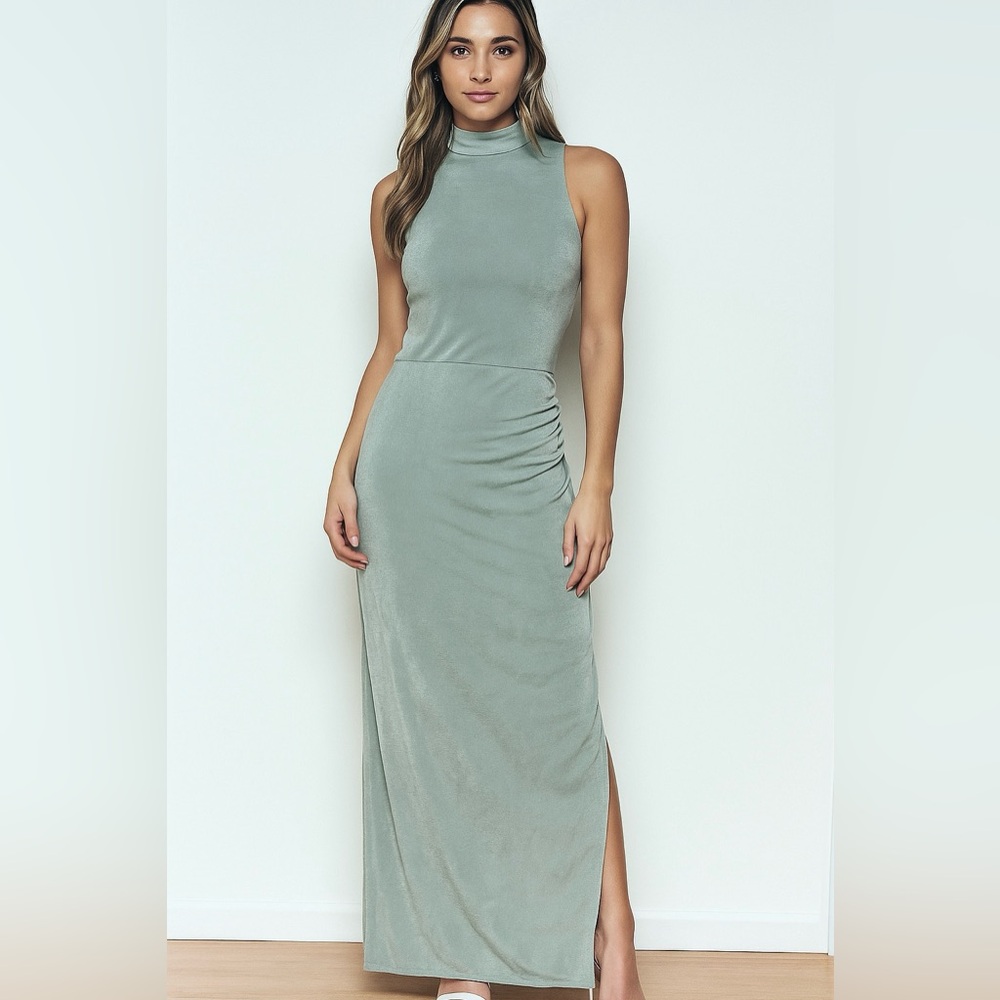 Dee Elly Elegant Mock Neck Silvery Blue Maxi Sleeveless Dress. Size XL. - Picture 2 of 8